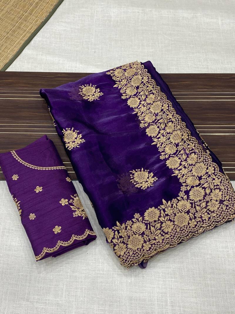 purple color designer organza satin saree