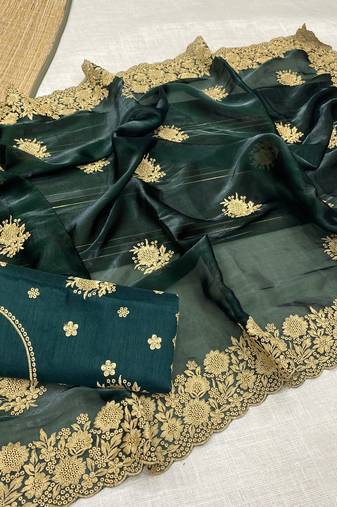 Green Color Designer Organza Satin Saree