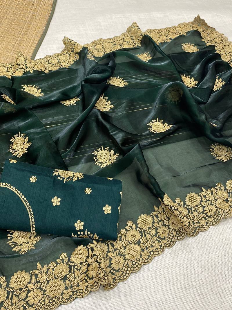 Green Color Designer Organza Satin Saree