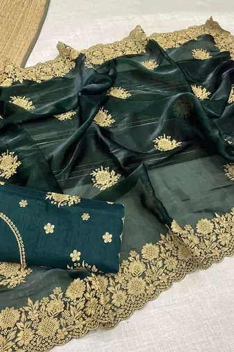 Green Color Designer Organza Satin Saree