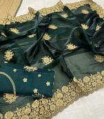 Green Color Designer Organza Satin Saree