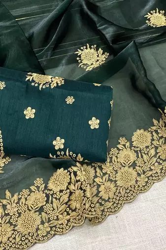 Green Color Designer Organza Satin Saree