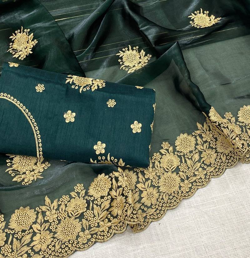 Green Color Designer Organza Satin Saree