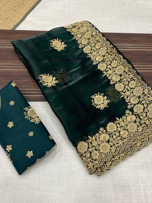 Green Color Designer Organza Satin Saree 3