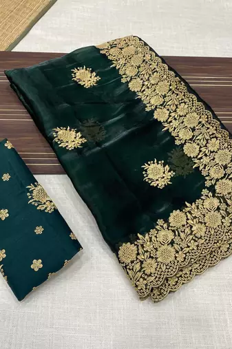 Green Color Designer Organza Satin Saree