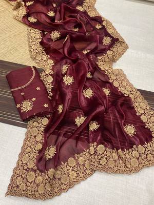 Maroon Color Designer Organza Satin Saree 1