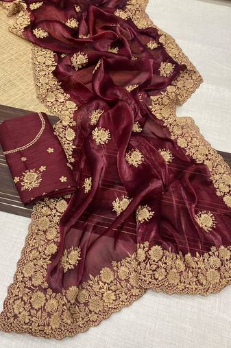 Maroon Color Designer Organza Satin Saree