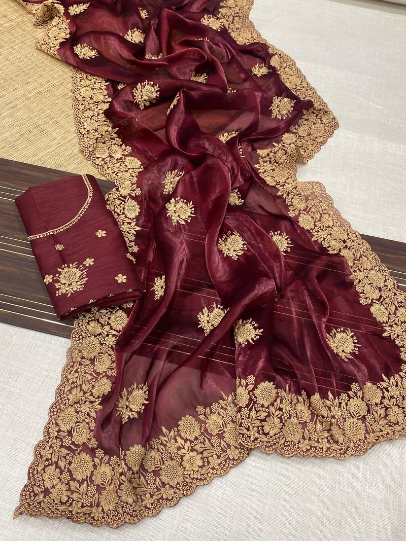 Maroon Color Designer Organza Satin Saree