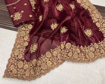 Maroon Color Designer Organza Satin Saree 2