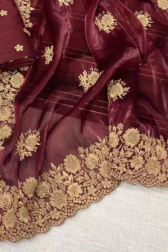 Maroon Color Designer Organza Satin Saree