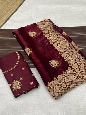 Maroon Color Designer Organza Satin Saree 3