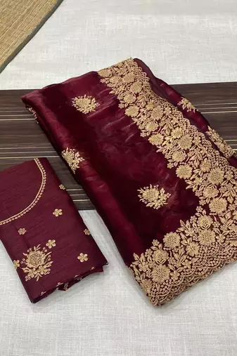 Maroon Color Designer Organza Satin Saree