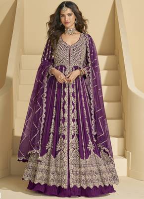 Purple chinon silk embroidered lehenga style suit 1