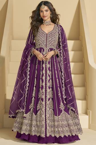 Purple chinon silk embroidered lehenga style suit