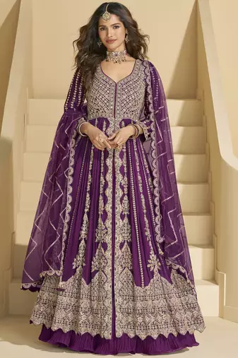Purple chinon silk embroidered lehenga style suit