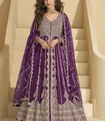 Purple chinon silk embroidered lehenga style suit