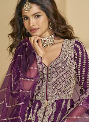 Purple chinon silk embroidered lehenga style suit 2