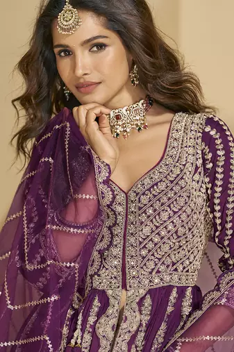 Purple chinon silk embroidered lehenga style suit