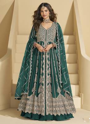 Green chinon silk embroidered lehenga style suit 1