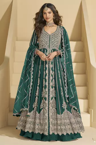 Green chinon silk embroidered lehenga style suit