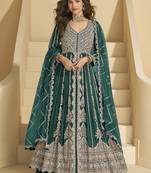 Green chinon silk embroidered lehenga style suit
