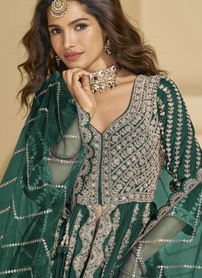 Green chinon silk embroidered lehenga style suit 2