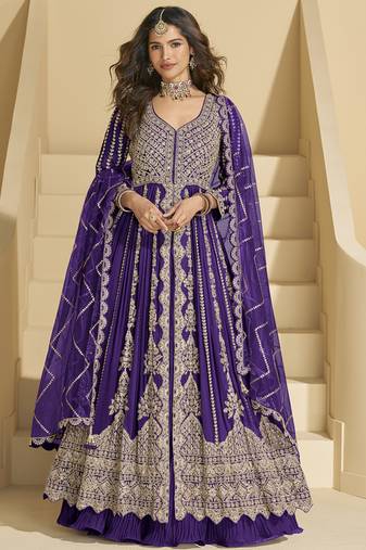 Violet chinon silk embroidered lehenga style suit