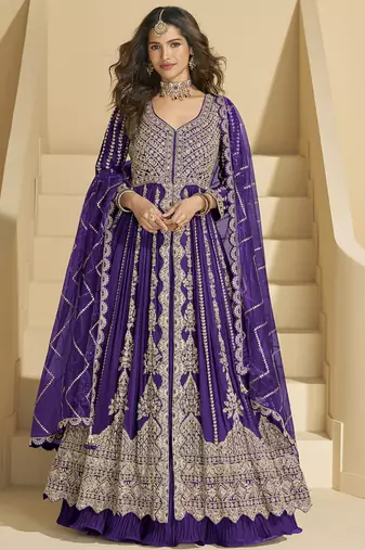 Violet chinon silk embroidered lehenga style suit