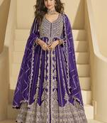 Violet chinon silk embroidered lehenga style suit