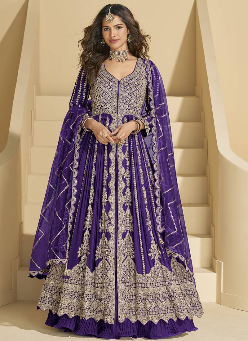 Violet chinon silk embroidered lehenga style suit