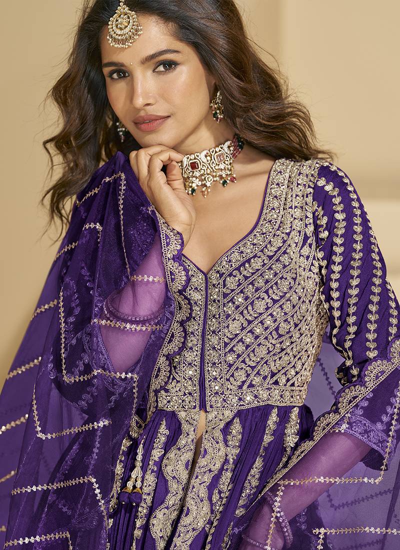 Violet chinon silk embroidered lehenga style suit