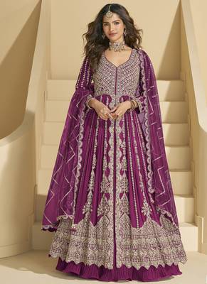 Wine chinon silk embroidered lehenga style suit 1