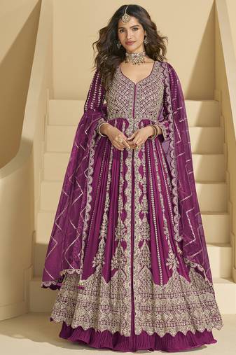 Wine chinon silk embroidered lehenga style suit