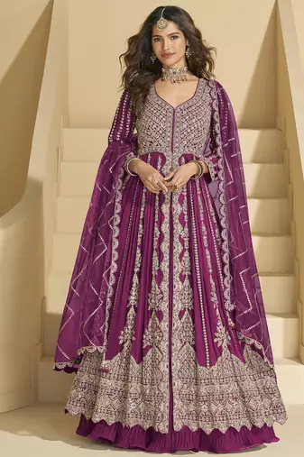 Wine chinon silk embroidered lehenga style suit