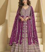 Wine chinon silk embroidered lehenga style suit