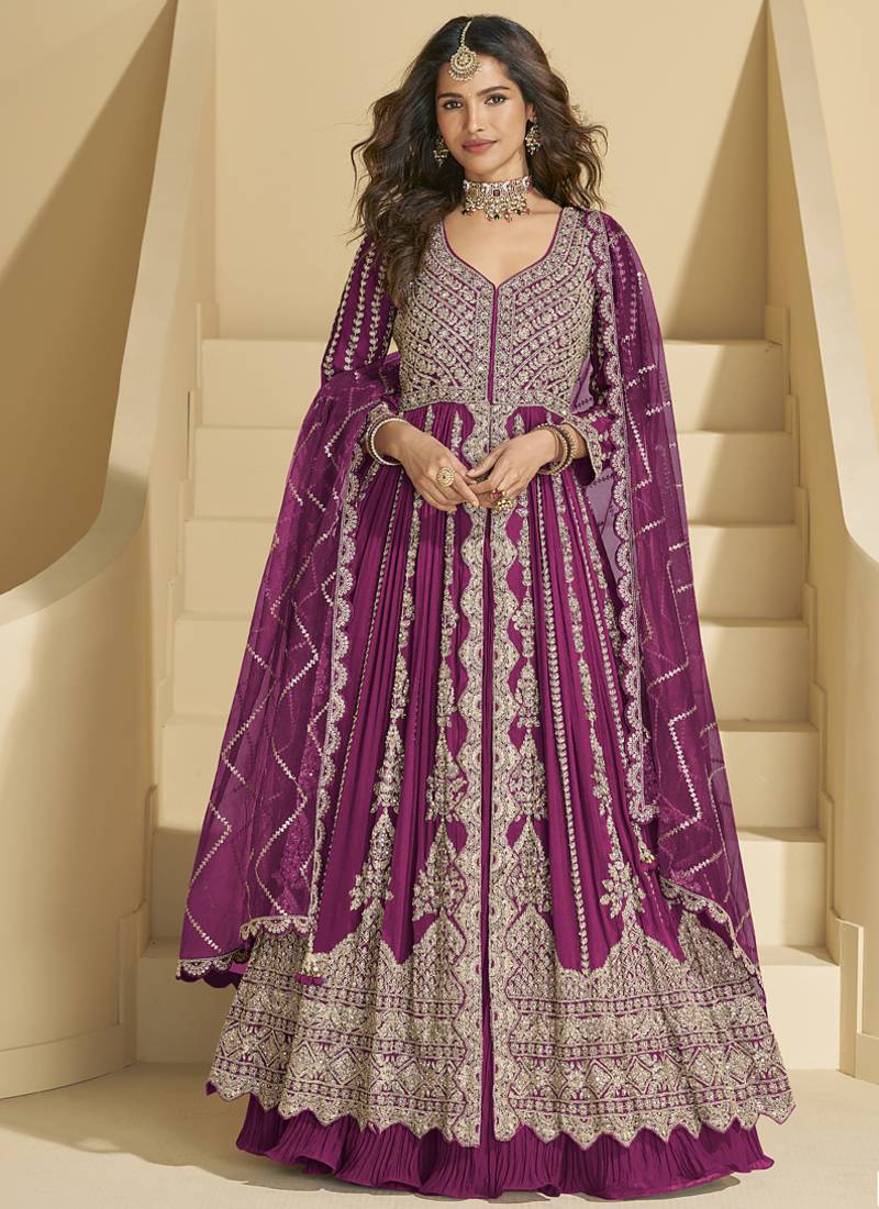 Wine chinon silk embroidered lehenga style suit
