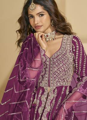 Wine chinon silk embroidered lehenga style suit 2