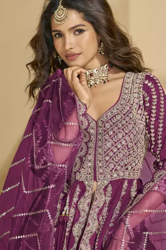 Wine chinon silk embroidered lehenga style suit