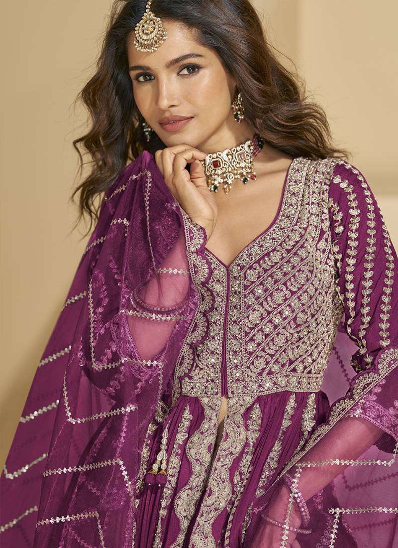 Wine chinon silk embroidered lehenga style suit