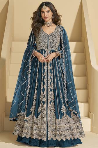 Aqua blue chinon silk embroidered lehenga style suit