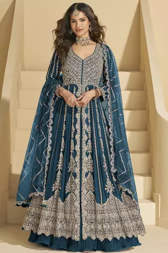Aqua blue chinon silk embroidered lehenga style suit