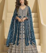 Aqua blue chinon silk embroidered lehenga style suit