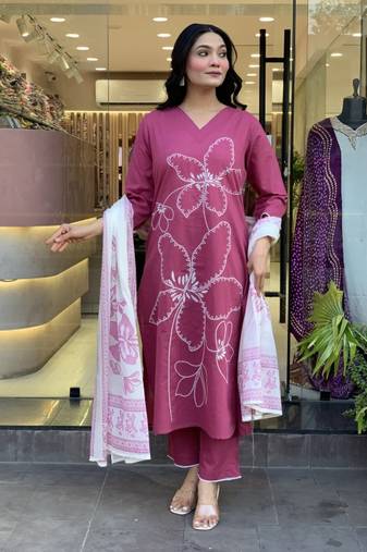 Wine Pink Cotton Embroidered Kurta Pant Set with Lace Detailing & Printed Dupatta