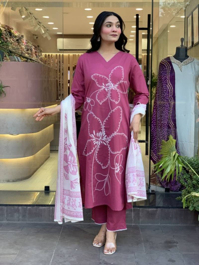 Wine Pink Cotton Embroidered Kurta Pant Set with Lace Detailing & Printed Dupatta