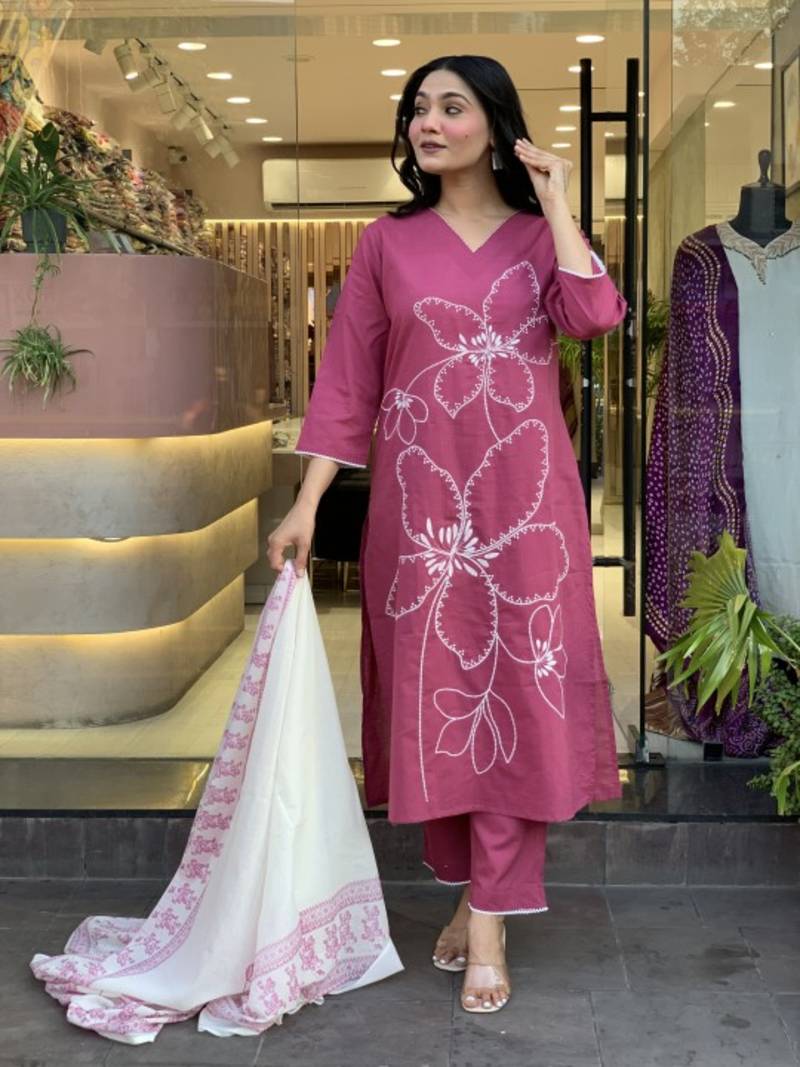 Wine Pink Cotton Embroidered Kurta Pant Set with Lace Detailing & Printed Dupatta