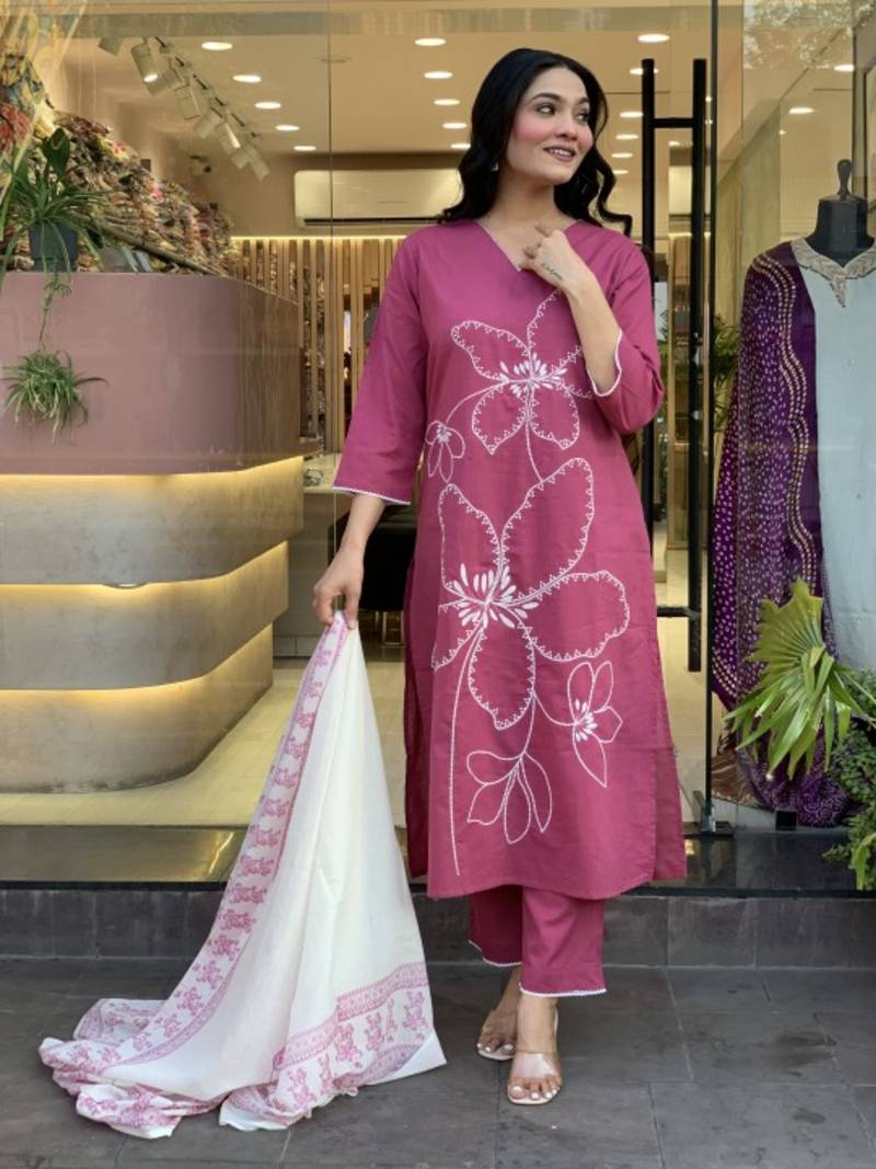 Wine Pink Cotton Embroidered Kurta Pant Set with Lace Detailing & Printed Dupatta