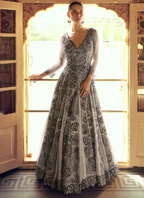Light grey viscos simmer jacquard silk embroidered gown 1