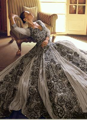 Light grey viscos simmer jacquard silk embroidered gown 2