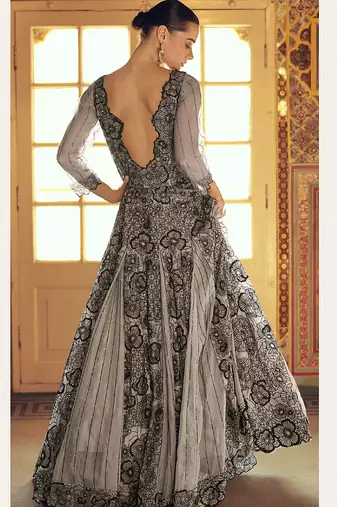 Light grey viscos simmer jacquard silk embroidered gown