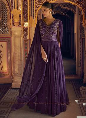 Violet viscos simmer jacquard silk embroidered gown 1
